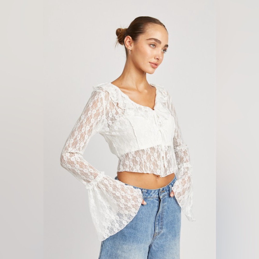 4B Bell Sleeve Tie Front Lace Blouse White